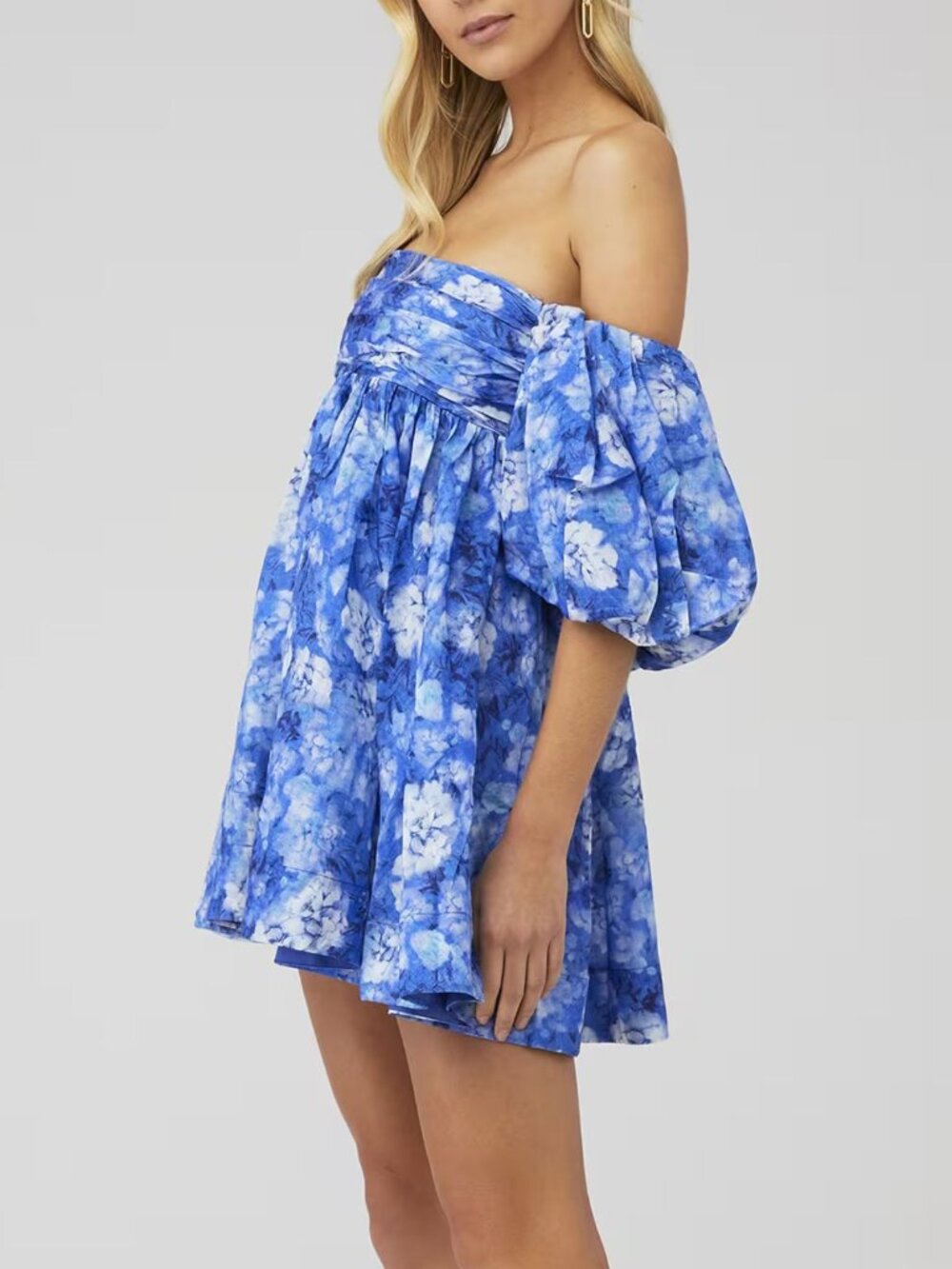 Bardot Bold Blue Kali Floral Babydoll Puff Sleeve Mini Dress Size XL 8239 - Picture 2 of 10